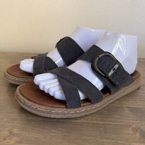 Born Womens 7 Blue‎ Leather Caite Cross Strap Buckle Slip On Sandals Comfort